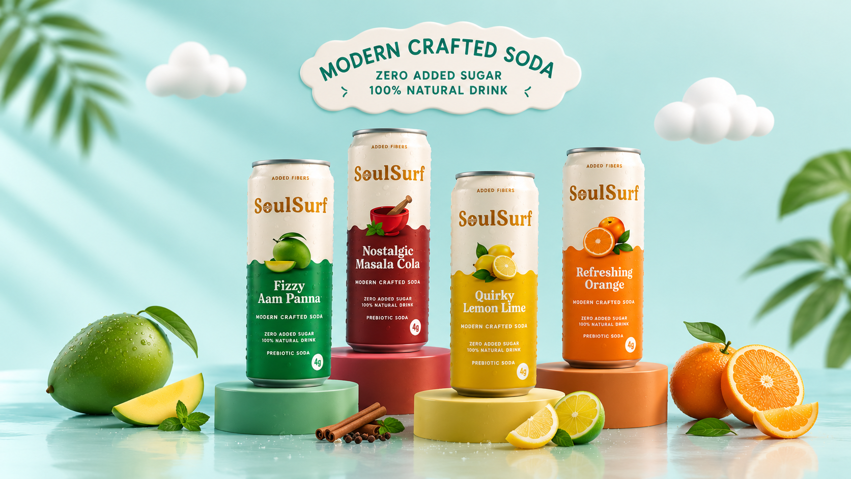 SoulSurf four flavours — Fizzy Aam Panna, Nostalgic Masala Cola, Quirky Lemon Lime, Refreshing Orange